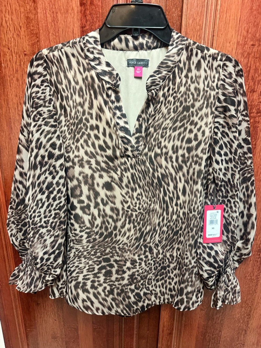 Vince Camuto Animal Print Split-Neck Blouse - Black & Cream